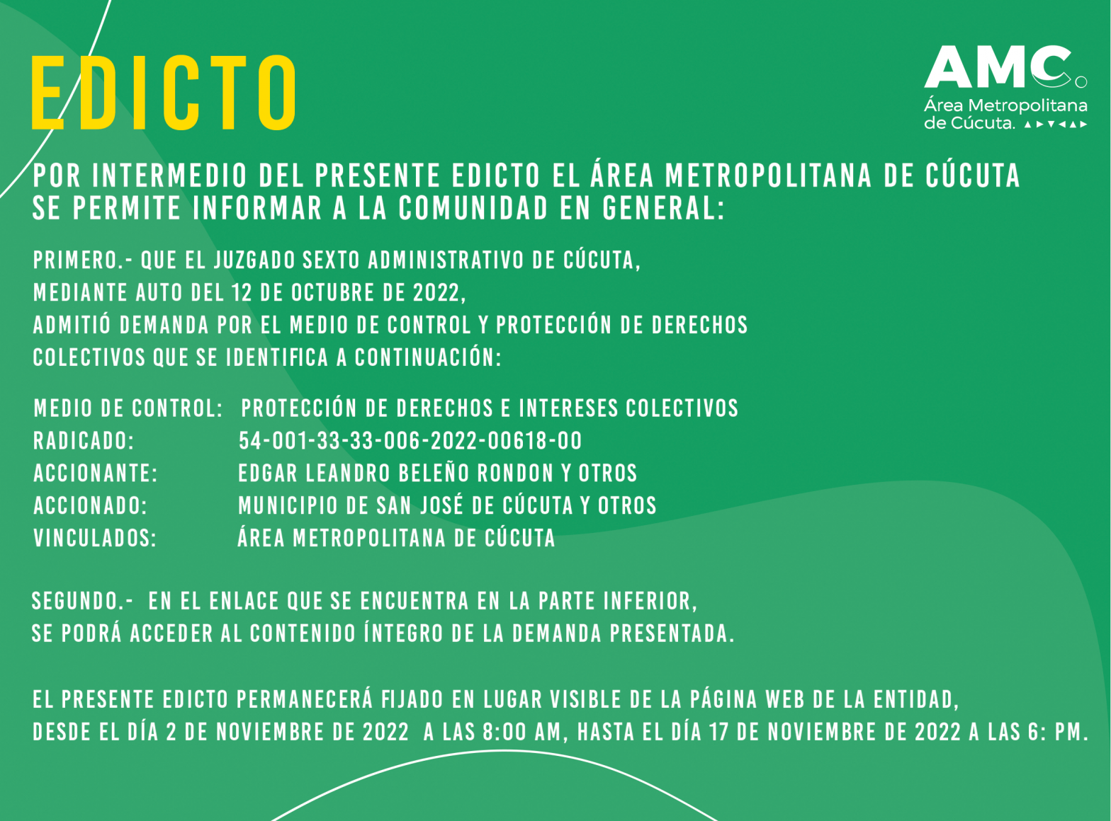 Información Edicto Área Metropolitana de Cúcuta