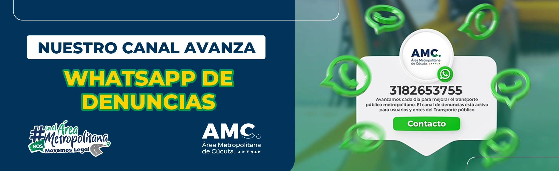 Imagen tipo banner con el nuevo numero para comunicación con el canal de denuncias del área metropolitana de Cúcuta