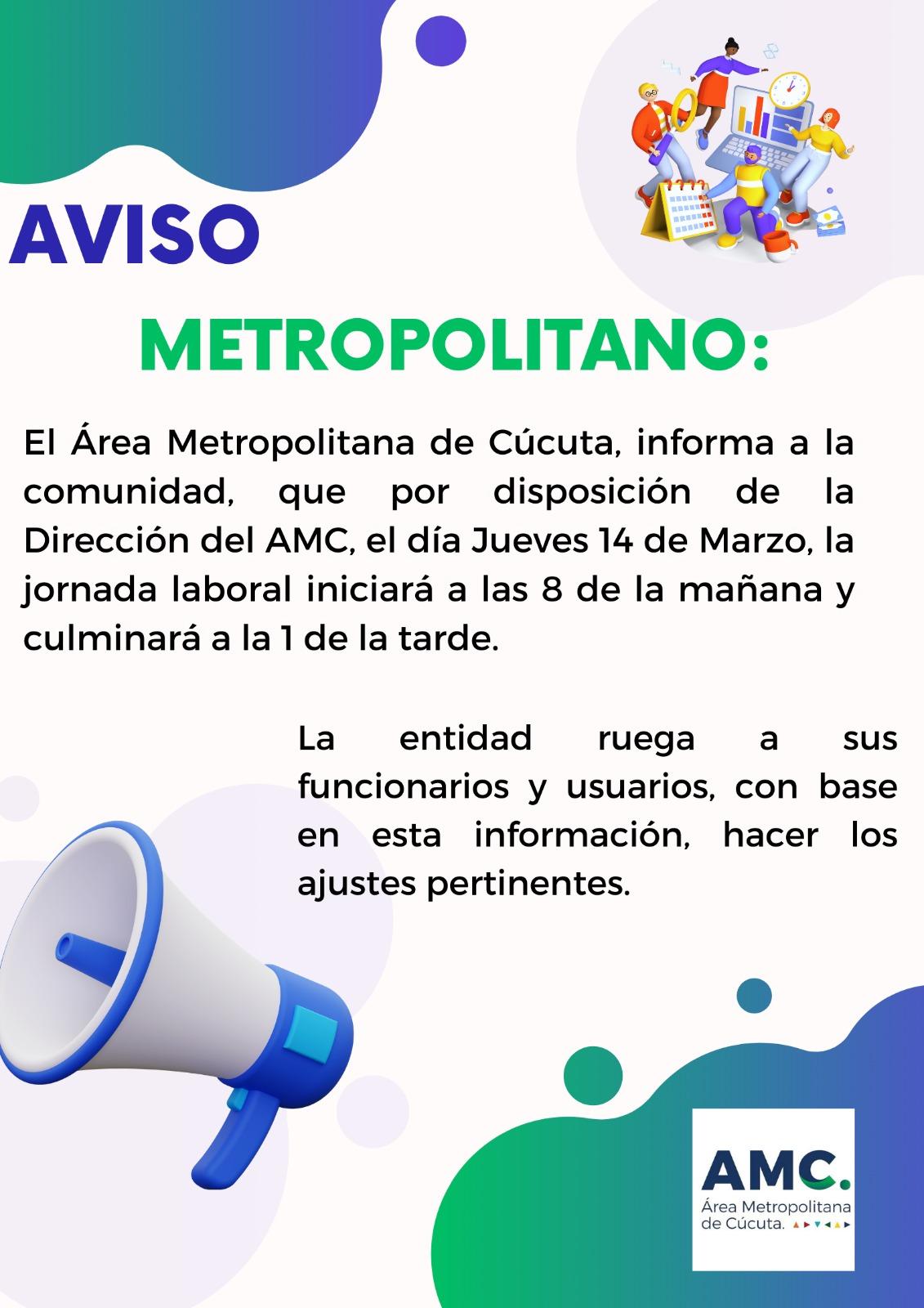 Aviso: Área Metropolitana de Cúcuta modifica la jornada laboral el día Jueves 14 de Marzo