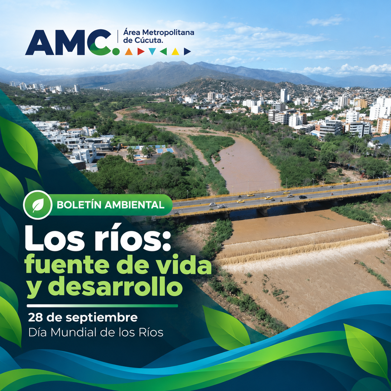 Vista aérea del río Pamplonita en Cúcuta, imagen del Boletín Ambiental sobre la importancia y conservación de los ríos.